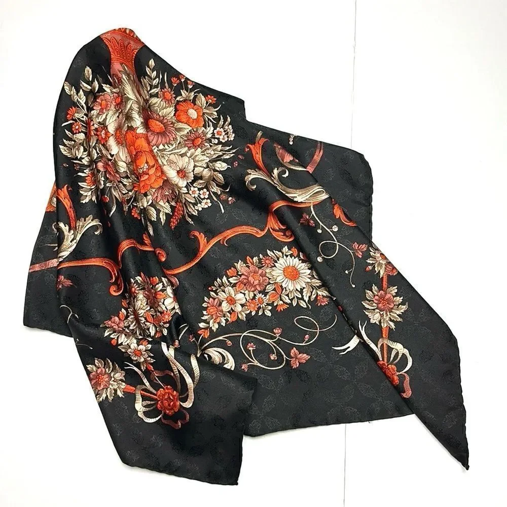 Marina D’Este Silk Scarf Black Burnt Orange Floral Hand Rolled